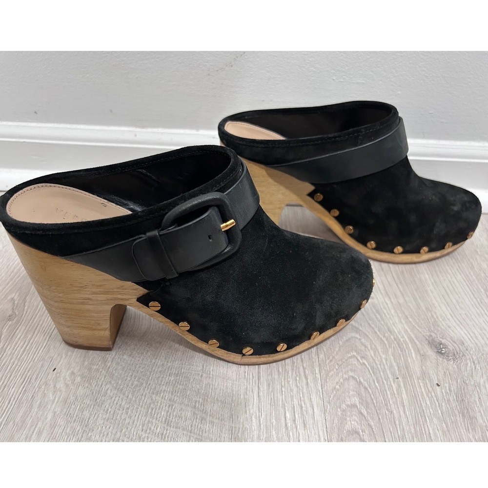 Veronica‎ Beard Dacey Black Suede Studded Buckle Wooden Clogs Mules Sz 7.5M Boho